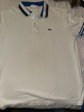 Lacoste White Polo with Blue Contrast Collar and Sleeve Trim